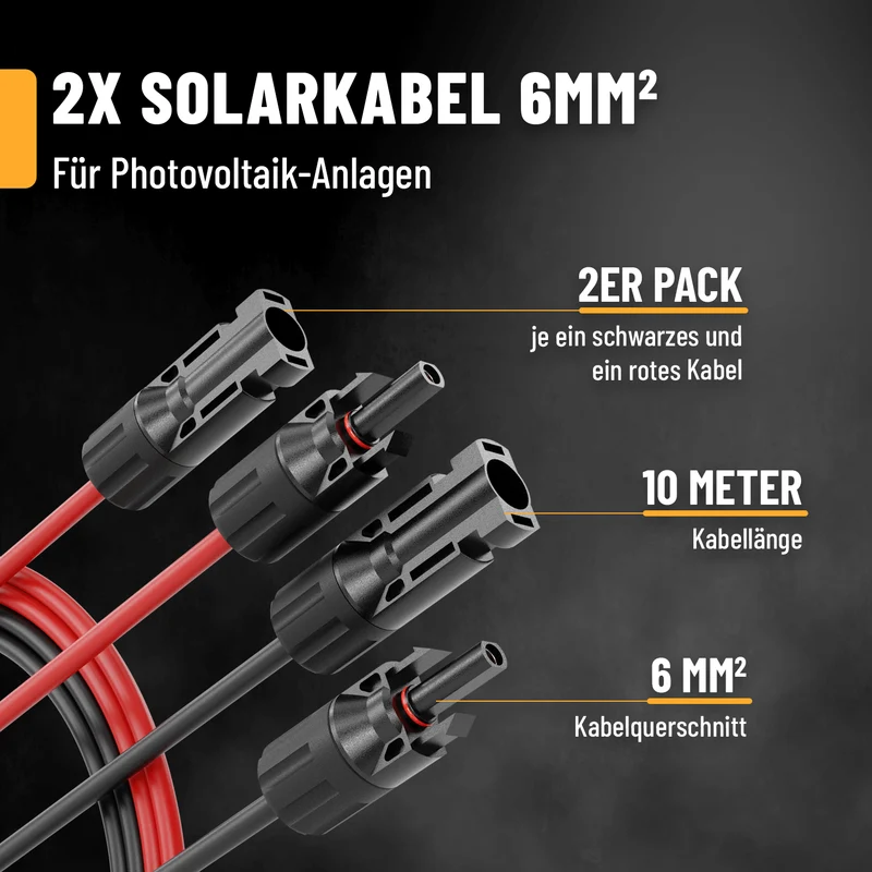 Solarkabel 6 mm², 10 m, mit Solarsteckern