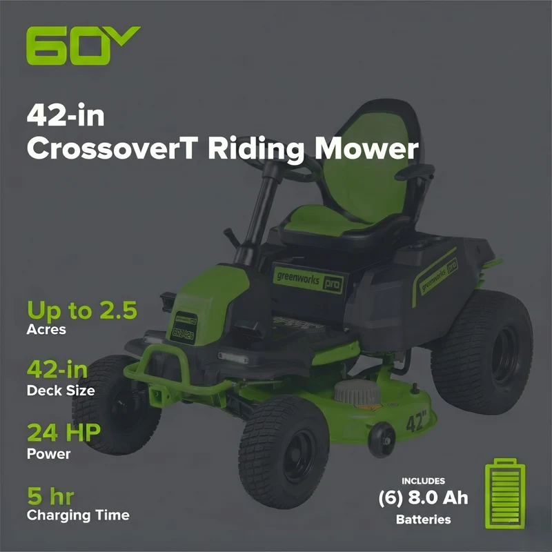 60V 42" Cordless Battery CrossoverT Riding Lawn Mower, (6) 8.0 Ah Batteries and 600W Wall Charger, CRT4262