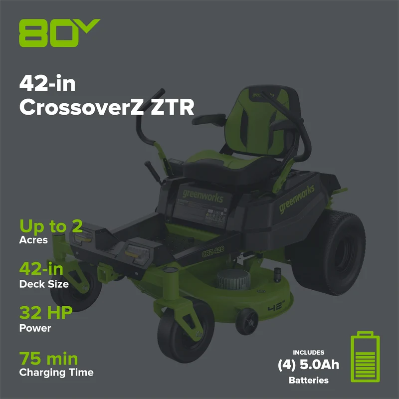 RENEWED 80V 42" Cordless Battery CrossoverZ Zero Turn Lawn Mower, (4) 5Ah Batteries and (3) Dual-Port Chargers, CRZ4282