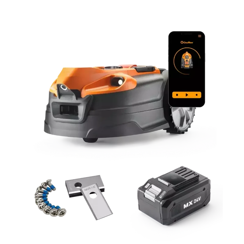LawnMaster OcuMow® AMD18i-800 Plus Power Kit | MX 24V Auto Charging Vision Robotic Lawnmower with App-with Spare Battery & Blades