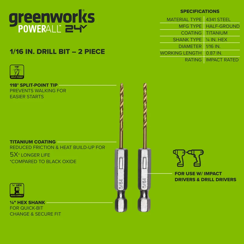 Half Ground 2-PC 1/16-inch Hex Shank Titanium Drill Bit Set