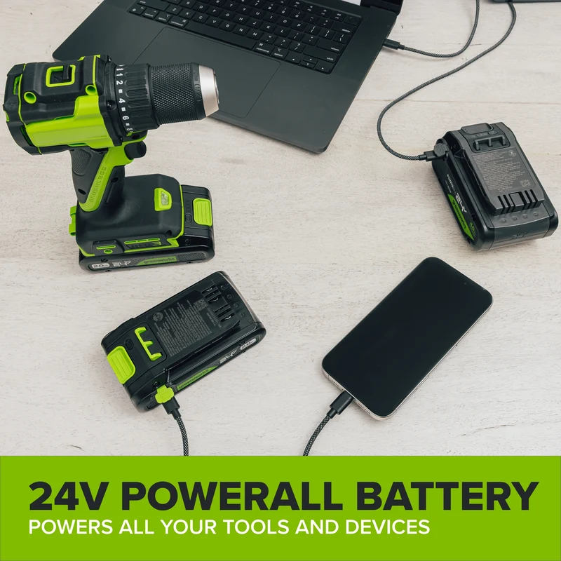 24V PowerAll Battery and Charger Kit, with 2.0 Ah Battery, Ultra-Fast 65W USB-C Charging Block, and Cable