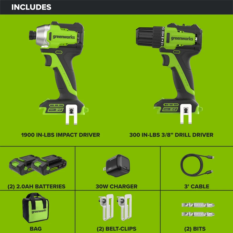 24V PowerAll 3/8" Drill and Impact Driver Combo Kit with (2) 2.0 Ah USB-C Batteries, 30W USB-C Charger Block, and 3' 100W USB-C Cable