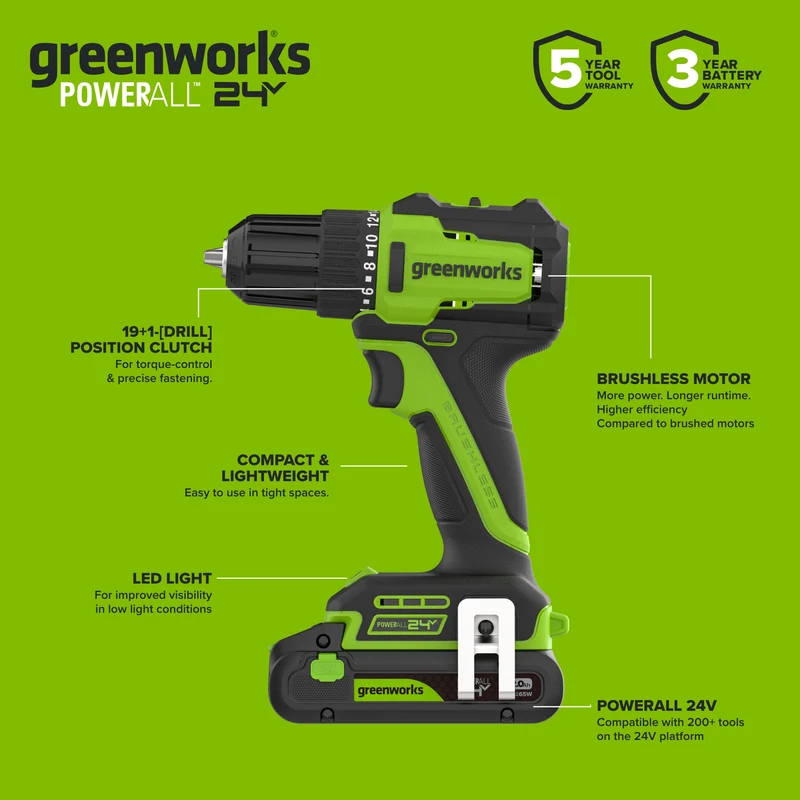 24V PowerAll 3/8" Drill and Impact Driver Combo Kit with (2) 2.0 Ah USB-C Batteries, 30W USB-C Charger Block, and 3' 100W USB-C Cable