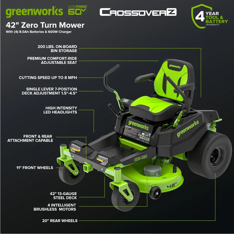 60V 42" Electric CrossoverZ Zero Turn Mower: (4) 8 Ah Batteries and 600W Wall Charger, CRZ4262