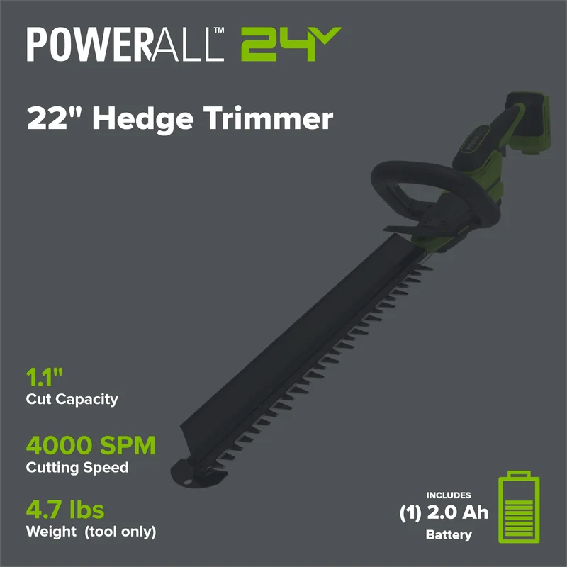 24V 22" Brushless (1.1" Cutting Capacity) Hedge Trimmer: 2.0Ah Battery and 30W Charger
