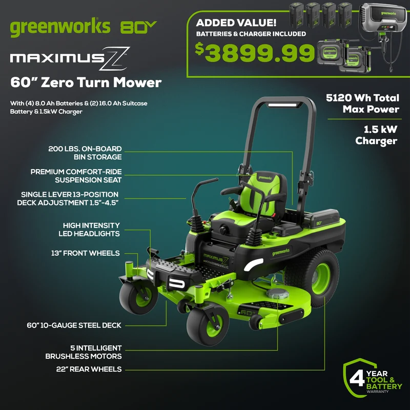 80V 60" MaximusZ Zero Turn Lawn Mower, (4) 8Ah Batteries: (2) 16Ah Batteries and 1.5kW Wall Charger, MZ6081
