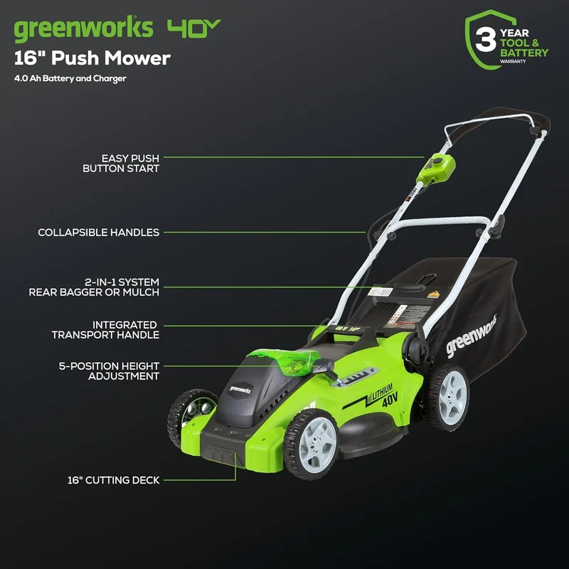 OPEN BOX 40V 16" Cordless Battery Push Lawn Mower: 4.0 Ah Battery and Charger, LM1604