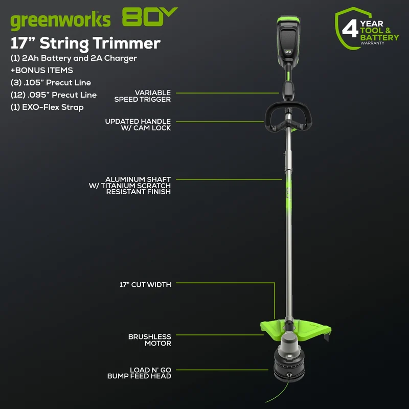 REFURBISHED 80V 17" Brushless String Trimmer: 2.0 Ah Battery and Charger