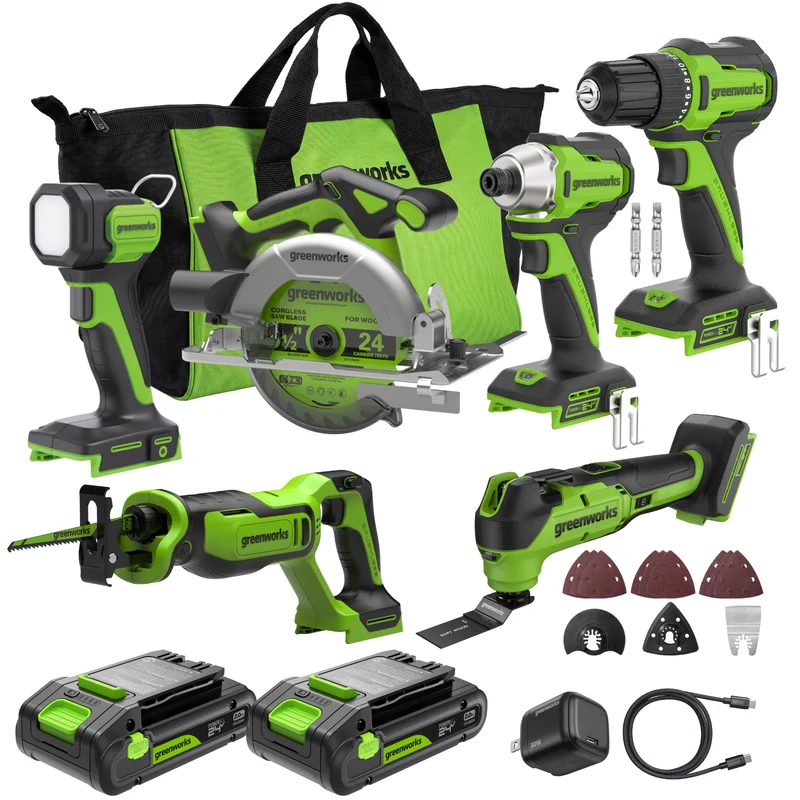 24V Cordless 280 in-lbs Drill/Driver Power Tool 6PC Combo Kit: (2) 2.0 Ah USB-C Batteries, 30W USB-C Charger Block, and 3' 100W USB-C Cable