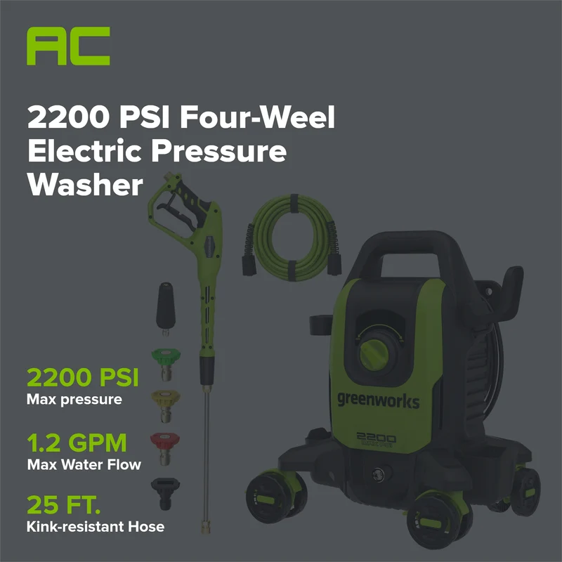 2200-PSI 1.2 GPM Four-Weel Electric Pressure Washer with 5 Nozzles & Detergent Tank