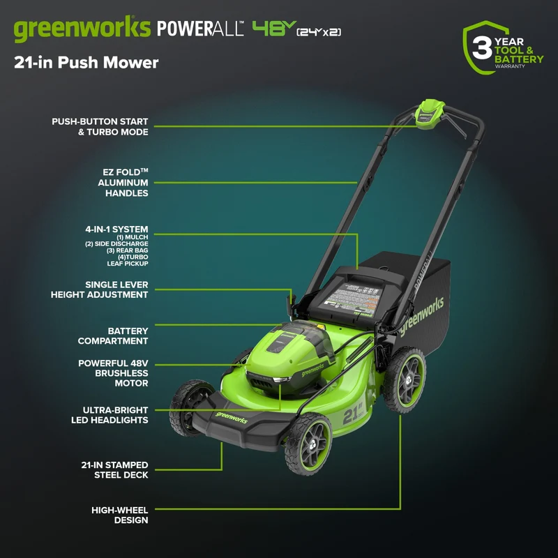 OPEN BOX 48V (24V x 2) 21" Cordless Battery Push Mower 3PC Combo Kit w/ (4) 4.0Ah High Power Batteries & (2) Dual Port Chargers