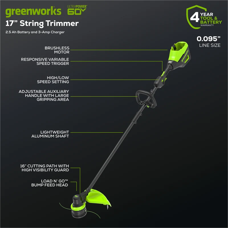 60V 17" Cordless Battery Brushless String Trimmer: 2.5 Ah Battery and Charger