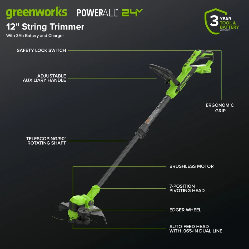 24V 12" Brushless Cordless Battery String Trimmer / Edger: (1) 3.0 Ah USB-C Battery, (1) 65W USB-C Charger, (1) 100W 3' Cable, (1) Plastic Blade Head, (10) Plastic Blades