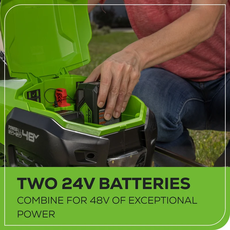 OPEN BOX 48V (24V x 2) 21" Cordless Battery Self-Propelled Mower, 12" String Trimmer and 320 CFM Blower Combo Kit: (2) 5.0Ah Batteries and Chargers