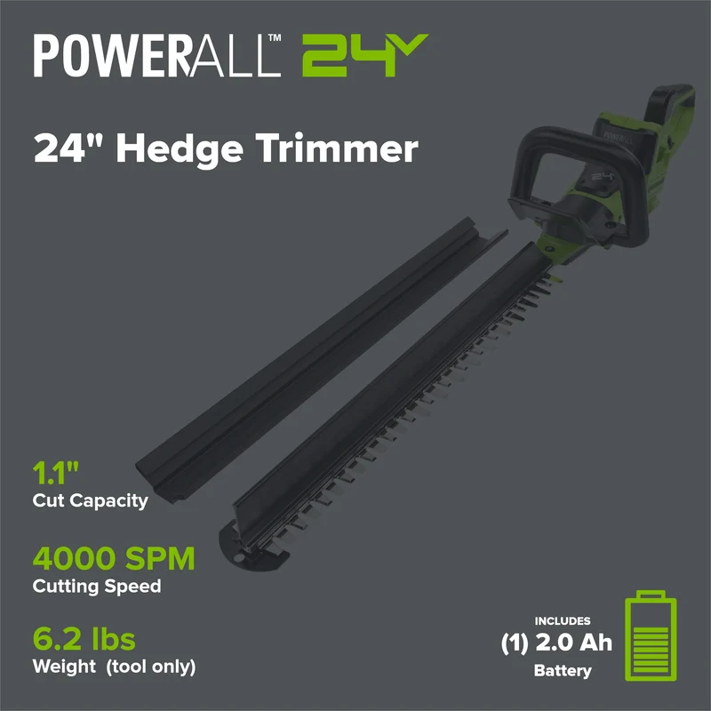 24V 24" Cordless Battery Hedge Trimmer: 2.0 Ah Battery and 2A Charger