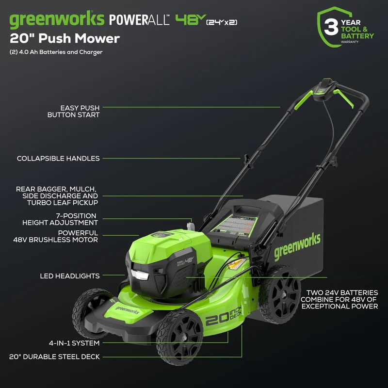 48V (24V x 2) 20" Cordless Battery Push Mower 4PC Combo Kit: (2) 4.0 Ah Batteries and Dual-Port Chargers