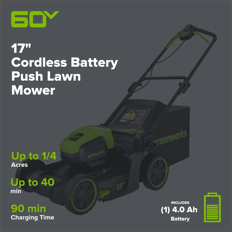60V 17" Cordless Battery Push Lawn Mower 3PC Combo Kit: 4.0 Ah Battery and Charger