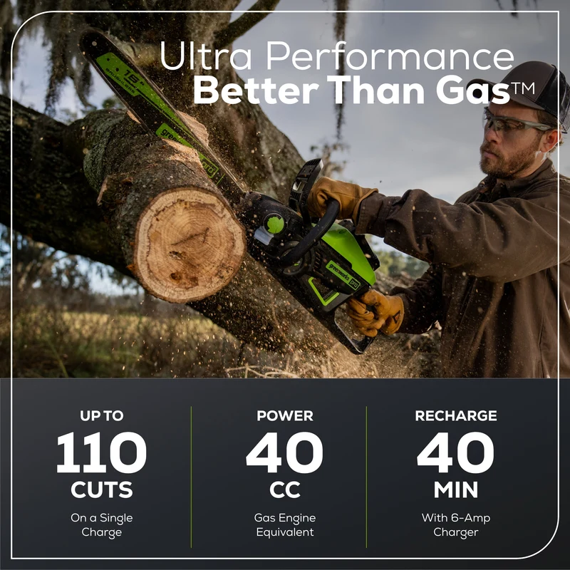 60V 18" Cordless Battery 2.0 kW Chainsaw and 24V 6" Pruner Saw, (1) 4.0 Ah Battery: (1) 2.0 Ah Battery and (2) Chargers