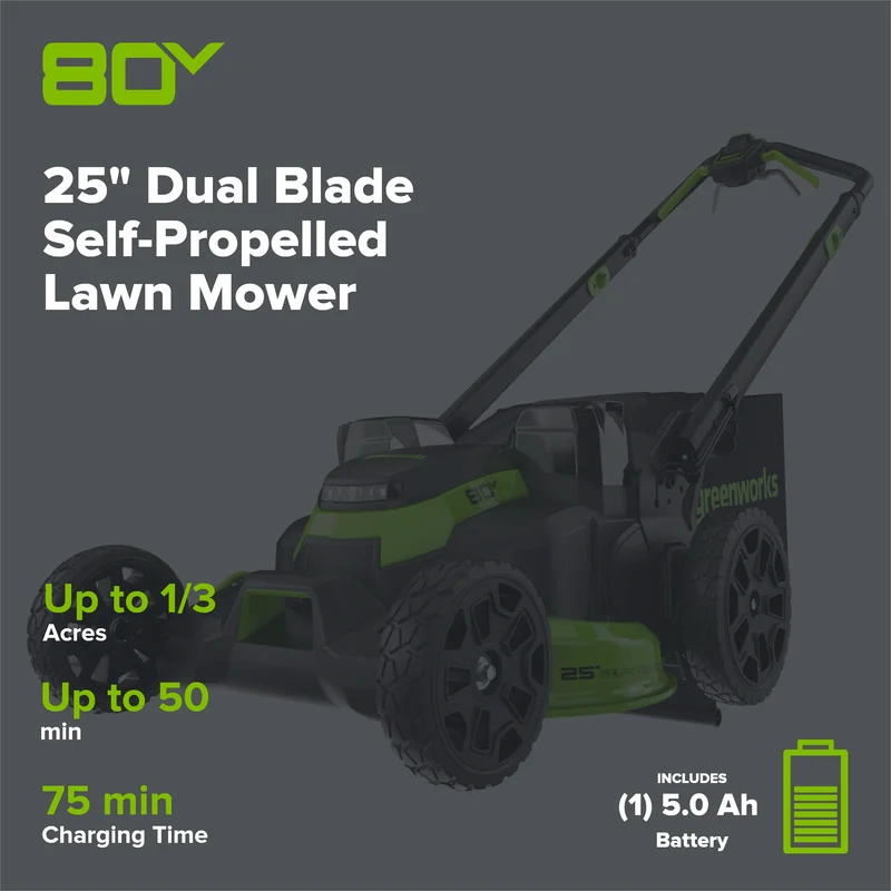 80V 25" Cordless Battery Dual Blade Self-Propelled Mower: 5.0 Ah Battery and Rapid Charger, LM2508S