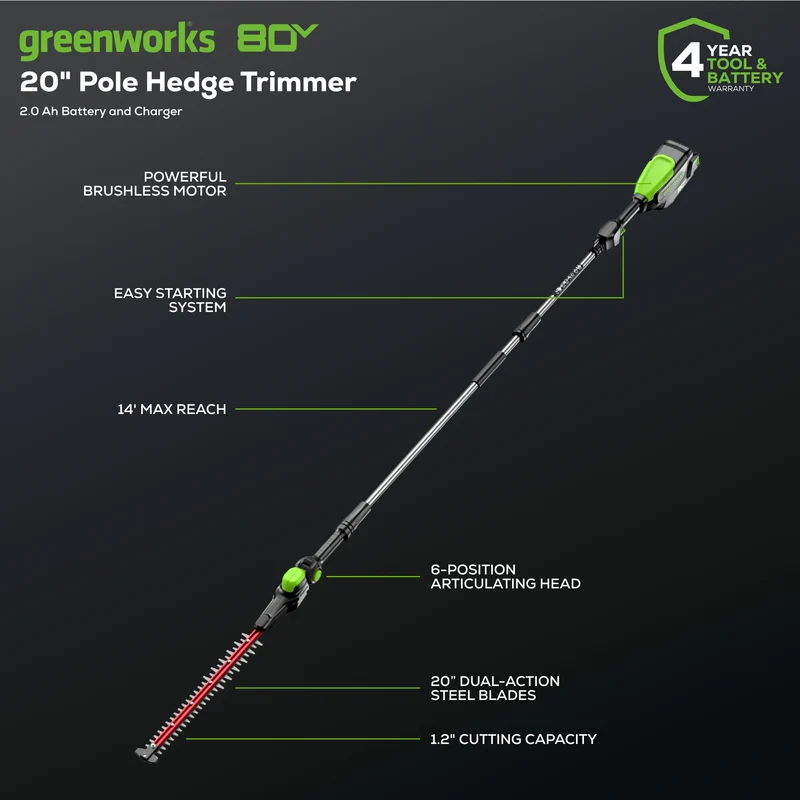 80V 20" Cordless Battery Pole Hedge Trimmer (1.2" cut, 4000 SPM): 2.0 Ah Battery and Charger