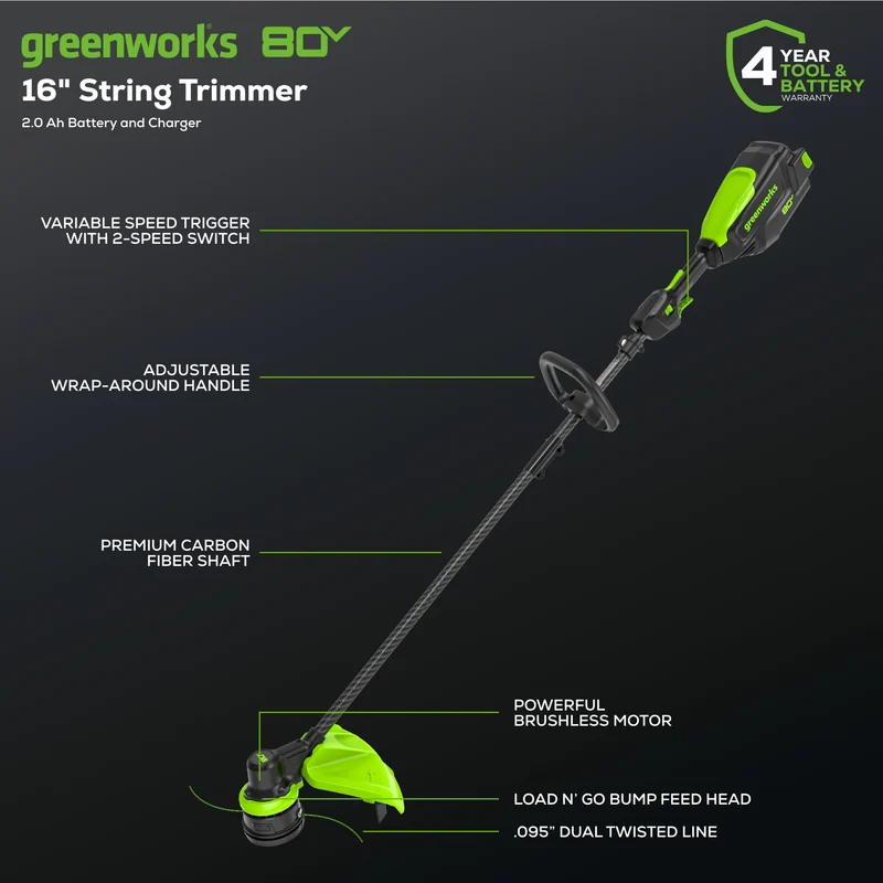 80V Cordless 16" Brushless Carbon Fiber String Trimmer: (1) 2.0 Ah Battery, (1) 2A Charger