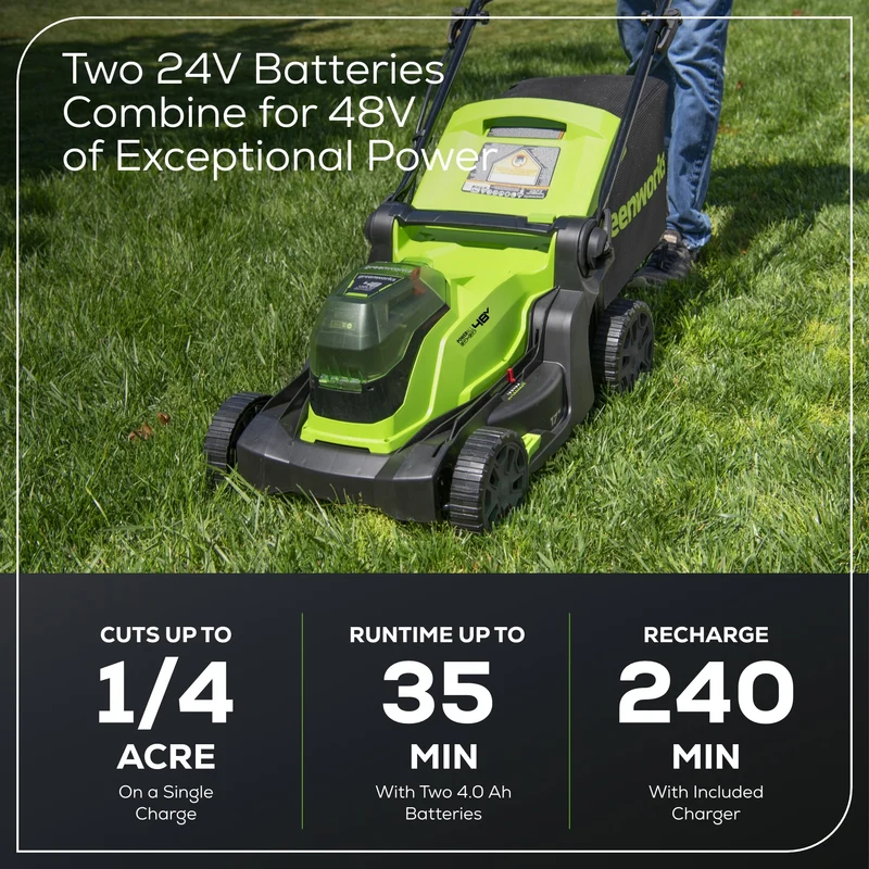 48V (24V x 2) 17" Cordless Battery Push Lawn Mower: (2) 4.0 Ah Batteries and Dual-Port Charger, LM1702