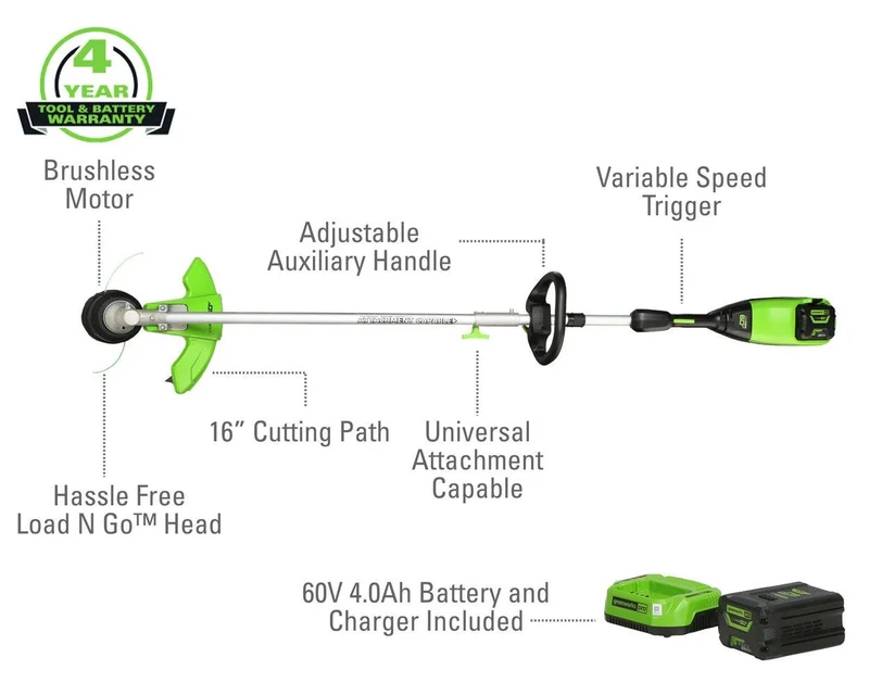 60V 16" Cordless Battery String Trimmer (Attachment Capable) and Horizontal Blower Attachment: 4.0 Ah Battery and Charger