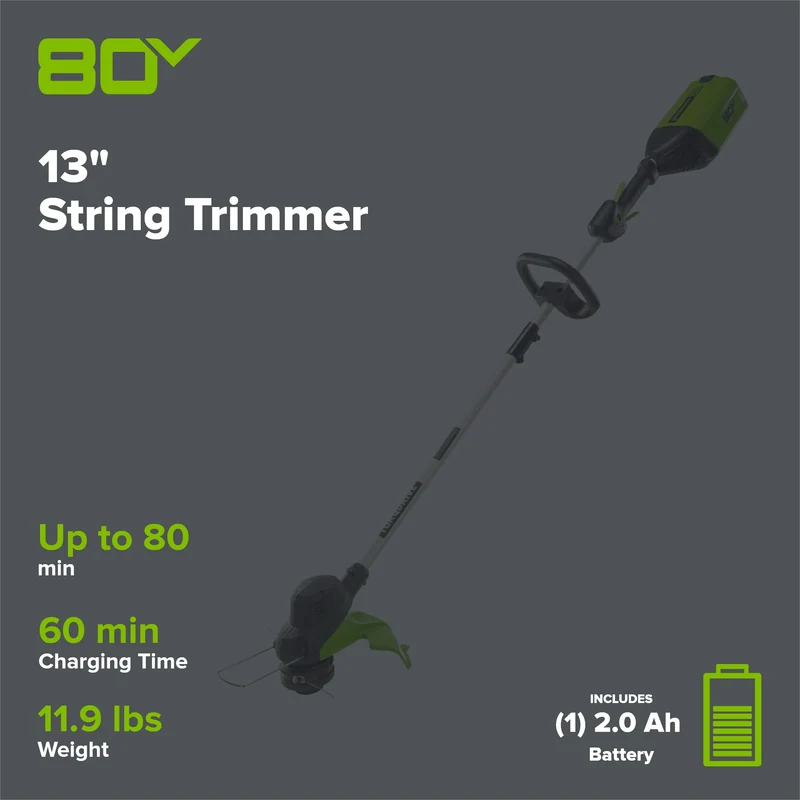 80V 13" String Trimmer: 2.0 Ah Battery and Charger