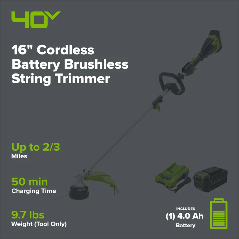 40V 16" Cordless Battery Brushless String Trimmer (Attachment Capable): 4.0 Ah Battery and Charger
