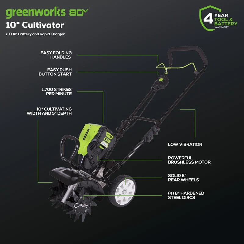 80V 10" Brushless Cultivator / Tiller w/ 2.0Ah Battery & Charger