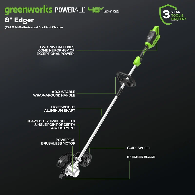 48V (24V x 2) 8" Brushless Cordless Edger: (2) 4.0 Ah USB Batteries and (1) 4A Dual-Port Charger