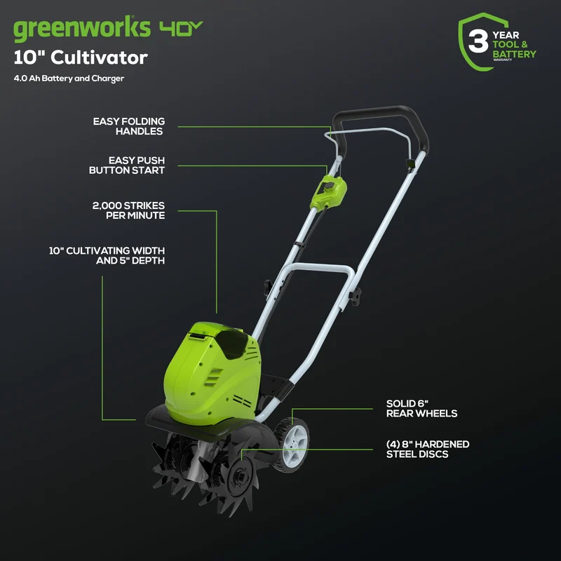40V 10" Cordless Cultivator / Tiller w/ 4.0 Ah Battery & Charger