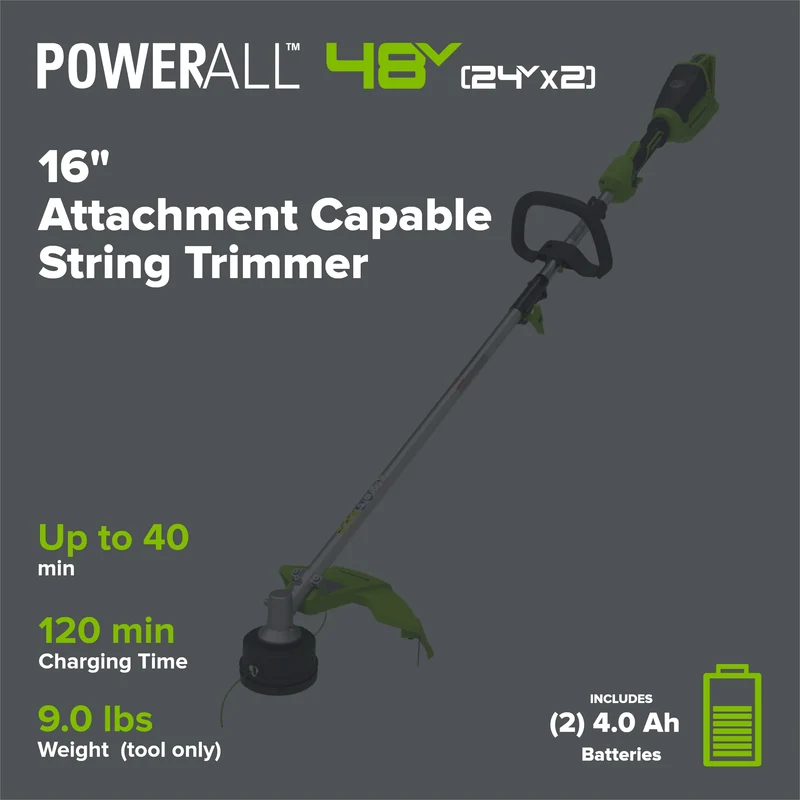 48V (24V x 2) 16" Cordless Battery String Trimmer (Attachment Capable): (2) 4.0 Ah USB Batteries and Dual-Port Charger