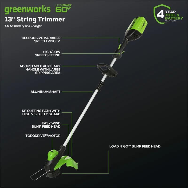 60V 13" Cordless Battery String Trimmer & 540 CFM Leaf Blower Combo Kit w/ 4.0Ah Battery & Charger
